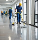 a man in a blue uniform cleaning a floor
