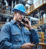 man in red blue and white plaid dress shirt wearing yellow hat holding black smartphone