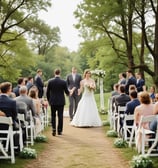 An outdoor wedding setup with wooden chairs arranged in rows on a grassy area. In the background, there is a circular floral arch surrounded by trees. Soft lighting is provided by candles placed on the ground.