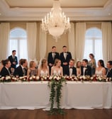 An outdoor wedding aisle adorned with white flowers and greenery leads to an elegant backdrop of draped fabric and floral arrangements. The setting is lush with green grass and surrounded by tall trees.