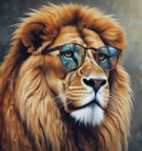 A majestic lion with a full, golden mane stands in close view, exuding a sense of power and regality. Its expressive eyes and relaxed posture suggest calmness, while the background of soft, blurred greenery creates a natural setting.