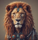A majestic lion with a full mane stares intensely, with its face partially illuminated against a dark background. The monochrome palette emphasizes the lion's features and creates a dramatic contrast.