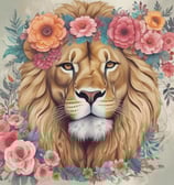 A majestic lion with a full mane stares directly ahead, exuding strength and confidence. The monochrome color palette adds a dramatic and timeless quality to the image, emphasizing the lion's intense expression and regal presence.