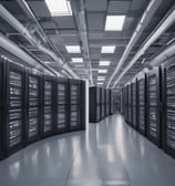 A dimly lit server room with multiple racks of computer servers surrounded by cables and various technical equipment. The space has an industrial feel with visible pipes and ductwork, and a sign on one rack stating 'Do not use'.