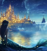 bioluminiscent mermaid sitting at the edge of a saltwater laggon