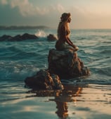 mermaid siting on a shoreline rock watching the sun set