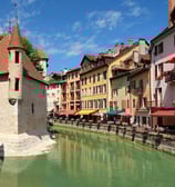 A relaxing view of the canal and cute coffee shops in Annecy, France