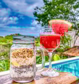 chia pudding and fruit juice, healthy breakfast at retreat center Nicaragua