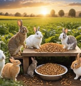 a group of rabbits in a field with a bowl of BSF larvae