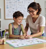 boy and his mom sitting at a table using a visual communication board for autism