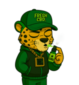 Leopardo Fresh CBD con gorra y sudadera tomando té o infusión
