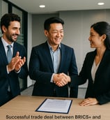 Photograph of three diverse business professionals finalizing a BRICS+ and ASEAN trade agreement with a handshake over a sign