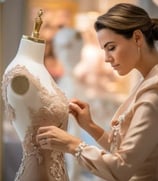 Woman dressmaker adjusts lace on mannequin in studio.