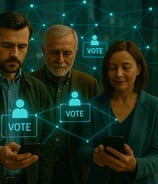 Four diverse Australians vote securely using smartphones, surrounded by a glowing blue blockchain network overlay with “VOTE”