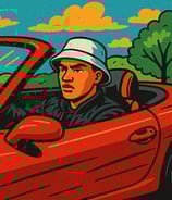 Hustensaft Jüngling in einem roten Sportwagen (Rarri), mit Sonnenbrille und Geld in der Hand, vor urbaner Kulisse