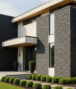 a house with a black and white stone exterior