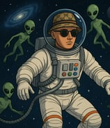 Futuristische Cartoon Illustration von Hustensaft Jüngling der im Jahr 2025 schwerelos im Weltall schwebt mit Sonnenbrille mo