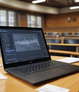 A laptop displaying coding software is placed on a wooden desk in a lecture hall. Behind the laptop, chalkboards can be seen with written equations and notes. The environment suggests an educational or programming context.