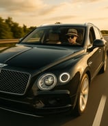 Hustensaft Jüngling wie er lässig vor einem Bentley posiert mit Sonnenbrille luxuriösem Outfit und selbstbewusstem Ausdruck a