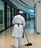 Femme de ménage en uniforme blanc nettoyant le sol d’un centre commercial à Casablanca