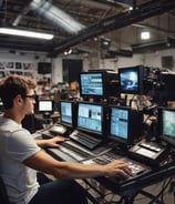 A group of people is gathered in an auditorium, with some seated and others standing. A person is operating a media setup with multiple screens and laptops on a desk, showing various video feeds. Camera equipment is set up nearby, indicating the event might be recorded or streamed. The environment appears lively and focused.