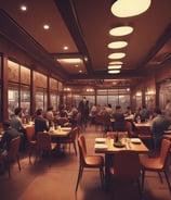 A humanoid robot with glowing lights stands in a dimly lit restaurant interior. The ceiling features industrial-style lighting and exposed beams, creating a modern atmosphere. People are seated at tables in the background, engaged in conversation.