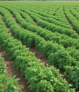 A lush green farm with neatly arranged rows of plants supported by wooden stakes and netting. In the background, tall palm trees rise against a partly cloudy sky, creating a serene agricultural landscape.