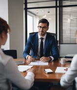 A professional consultation setting with a medical professional sitting at a desk facing a client. The room has a modern aesthetic with white walls decorated with framed certificates. The desk is organized with office supplies, a laptop, and a fruit bowl in the center.