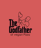 Logo einer Pizzabäckerei mit dem Namen "The Godfather", schwarz auf roten Hintergrund