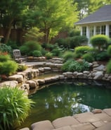 A rectangular water feature filled with lily pads and a few blooming pink lotus flowers is set in an outdoor space. Surrounding the pond are various green plants and shrubs, all backed by a red brick wall. Wooden benches are positioned nearby, suggesting a relaxing area.