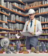 A warehouse interior featuring shelves stacked with cardboard boxes and packages, all organized neatly on wooden pallets. An orange forklift is parked on the concrete floor, illustrating a typical industrial storage scene.