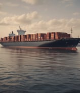 A large cargo ship is loaded with multiple shipping containers stacked high. Cranes labeled 'Terminal Burchardkai' are positioned above, suggesting the loading or unloading process is underway. The ship is sailing through a body of water with a cloudy sky overhead. The containers are colorful and bear various company logos.