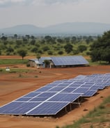 A landscape featuring a large solar panel array in the foreground, with a modern wind turbine to the left. Behind the renewable energy installations, an industrial facility with multiple chimneys and storage tanks is visible under a clear blue sky.