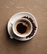 A stylish coffee counter featuring a modern espresso machine branded with 'Arabica'. Several stacks of brown paper cups are arranged on top of the machine. Wooden paneling and soft lighting create a cozy and inviting atmosphere, with a partial view of a person behind the counter.