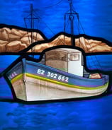 a painting of a boat in the water