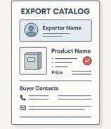 Digital illustration of an export catalog layout showing exporter name, product image, specifications, pricing, certification