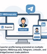 Illustration of an exporter profile displayed across multiple platforms including HBIGroup.asia, Telegram, LinkedIn, and Brid
