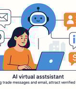 Illustration of a female exporter using a laptop while an AI assistant sends trade messages via email, WhatsApp, and LinkedIn