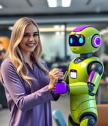 a woman in a purple shirt is holding a purple ai chatbot hand. 