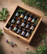 A set of essential oil bottles arranged on a textured white surface. The bottles are colorful, each labeled with a different name. Surrounding the bottles is a rustic, wooden sign with an arrow and the words 'Be holy' inscribed. A glass vase with branches, a metallic vase with dried flowers, and a decorative candle holder are also present on a floral-patterned cloth.