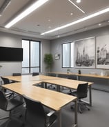 The room is a well-lit conference or training room with several rows of desks, each equipped with computer monitors and ergonomic chairs. A large projector screen is mounted on the beige wall, flanked by two plants. The room is illuminated by a grid of ceiling lights, and a whiteboard stands in the corner.
