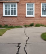 Cracked pavement exposes red bricks beneath, with surrounding asphalt showing signs of wear and decay.