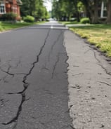 Cracked asphalt pavement with visible underlying stones and gravel. A small patch of green vegetation emerges through the cracks. The surface has a rough, uneven texture with varying shades of gray.