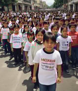 A group of children and adults are holding up various signs advocating for disability rights and inclusion in sports. The signs have messages like 'We want unified sports in the Paralympics to mainstream disability,' 'Support disability rights,' 'Don't look at the less, look at the records,' and 'Yes I can.' The participants are wearing blue shirts with orange and red lettering and are standing on an outdoor street with trees and buildings in the background.