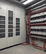 A construction site is depicted with exposed electrical wires protruding from a circular conduit in a rough concrete wall. The floor is covered in dust and debris, and there are multiple cables organized in a black mesh covering running along the floor.