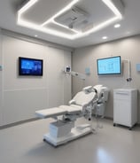 A dentist and a patient are in a dental office. The dentist, wearing scrubs, is pointing at a laptop on a mobile dental unit. The patient, seated in the dental chair, is looking at the screen with a smile. The room contains dental equipment and art featuring teeth on the wall.