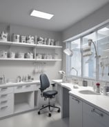 A modern dental clinic room featuring a dentist's chair with purple upholstery and an adjacent matching stool. The room is equipped with dental instruments, an overhead examination light, and a wall-mounted monitor. The walls are adorned with neutral-colored blinds, and there is an air conditioning unit above the equipment. The floor is polished, adding to the clean and sterile atmosphere.