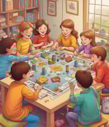 A young child wearing a school uniform is sitting on a red rocking horse toy in a colorful classroom environment. The child is smiling playfully and gesturing with their hands. Surrounding the child are bright yellow and orange chairs, and the walls are decorated with cartoon characters.