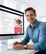a man sitting at a desk with a computer monitor and a keyboard