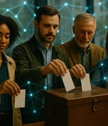 Four diverse citizens cast paper ballots into a traditional wooden ballot box, representing the final use of the old voting s